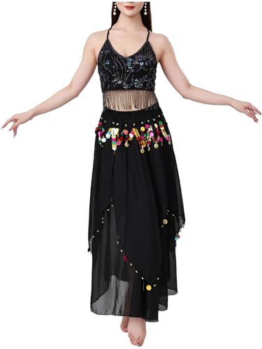 YiZYiF Damen Bauchtanz Set Pailletten Quasten Crop Top Unregelmäßiger Rock Halloween Karneval Kostüm Arabische Tanzsoutfits Schwarz Einheitsgröße YiZYiF Damen Bauchtanz Set Pailletten Quasten Crop Top Unregelmäßiger Rock Halloween Karneval Kostüm Arabische Tanzsoutfits Schwarz Einheitsgröße von YiZYiF
