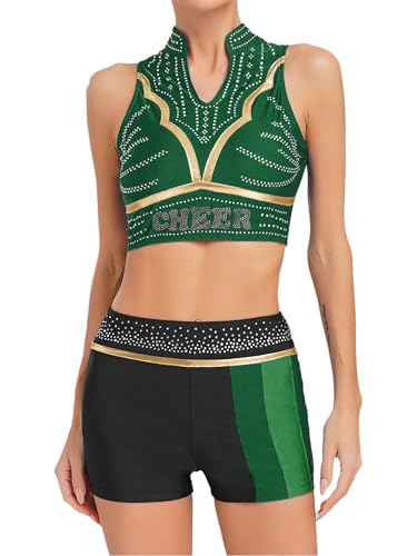 YiZYiF Damen Cheer Leader Kostüm ärmellos Cheerleading Top Rock Set Halloween Karneval Kostüm Tanz Gymnastik Trainingsanzug Grün M von YiZYiF