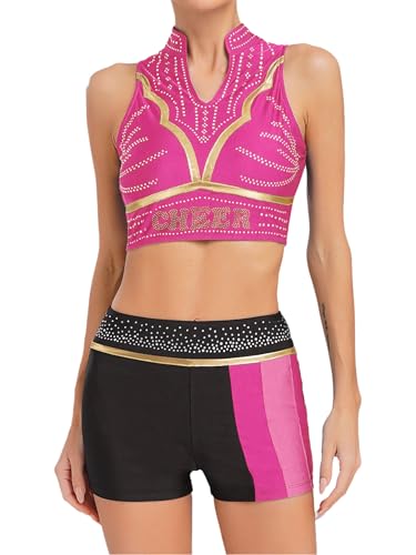 YiZYiF Damen Cheer Leader Kostüm ärmellos Cheerleading Top Rock Set Halloween Karneval Kostüm Tanz Gymnastik Trainingsanzug Hotpink XL von YiZYiF