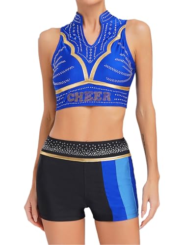 YiZYiF Damen Cheer Leader Kostüm ärmellos Cheerleading Top Rock Set Halloween Karneval Kostüm Tanz Gymnastik Trainingsanzug Königsblau XL von YiZYiF