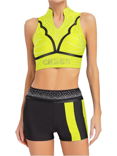 YiZYiF Damen Cheer Leader Kostüm ärmellos Cheerleading Top Rock Set Halloween Karneval Kostüm Tanz Gymnastik Trainingsanzug Neongrün XXL YiZYiF Damen Cheer Leader Kostüm ärmellos Cheerleading Top Rock Set Halloween Karneval Kostüm Tanz Gymnastik Trainingsanzug Neongrün XXL von YiZYiF