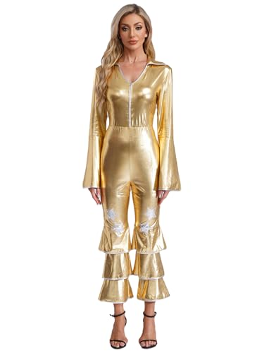 YiZYiF Damen Disco Outfit 70er 80er Jahre Glitzer Metallic Overall Schlaghose Halloween Faschingskostüm Mottoparty Outfit Gold XXL YiZYiF Damen Disco Outfit 70er 80er Jahre Glitzer Metallic Overall Schlaghose Halloween Faschingskostüm Mottoparty Outfit Gold XXL von YiZYiF
