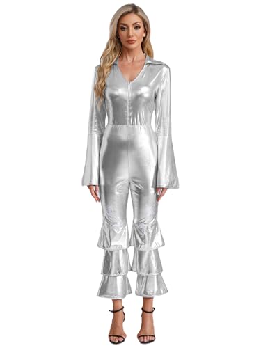 YiZYiF Damen Disco Outfit 70er 80er Jahre Glitzer Metallic Overall Schlaghose Halloween Faschingskostüm Mottoparty Outfit Silber 4XL YiZYiF Damen Disco Outfit 70er 80er Jahre Glitzer Metallic Overall Schlaghose Halloween Faschingskostüm Mottoparty Outfit Silber 4XL von YiZYiF