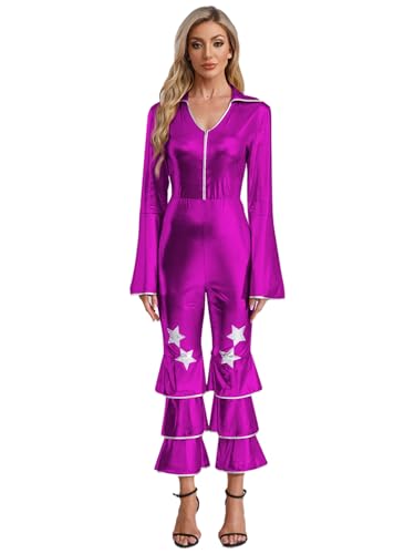 YiZYiF Damen Disco Outfit 70er 80er Jahre Glitzer Metallic Overall Schlaghose Halloween Faschingskostüm Mottoparty Outfit Violett XL YiZYiF Damen Disco Outfit 70er 80er Jahre Glitzer Metallic Overall Schlaghose Halloween Faschingskostüm Mottoparty Outfit Violett XL von YiZYiF