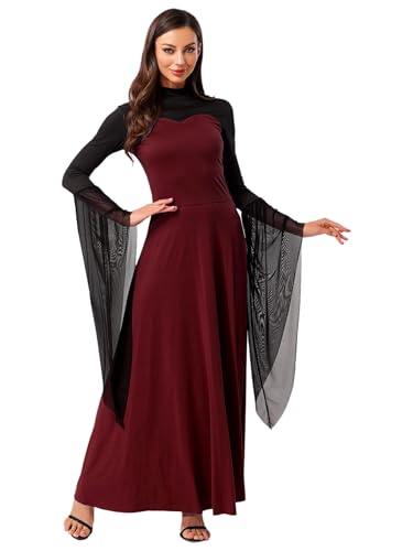 YiZYiF Damen Hexenkleid Mittelalter Böse Königin Vampir Kostüm Flared Ärmeln Maxikleid Karneval Halloween Burgundy XXL von YiZYiF
