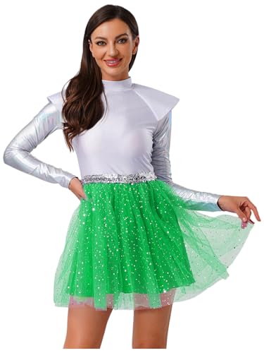 YiZYiF Damen Kostüm Alien Space Girl Kleid Glitzer Metallic Karneval Fasching Kostüm Weltraum Kriegerin Verkleidung Grün XL von YiZYiF