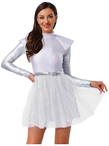 YiZYiF Damen Kostüm Alien Space Girl Kleid Glitzer Metallic Karneval Fasching Kostüm Weltraum Kriegerin Verkleidung Weiß M von YiZYiF