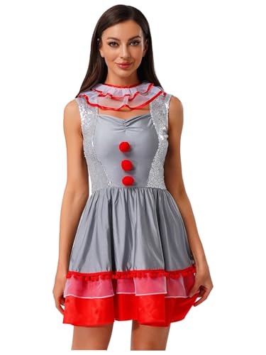 YiZYiF Damen Kostüm Clown Kleid Halloween Karneval Kostüm Zirkus Outfit Showgirl Cosplay Mottoparty Tanzkleid Grau XL von YiZYiF