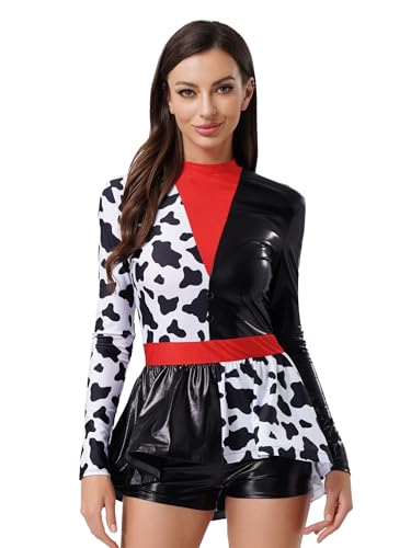 YiZYiF Damen Kostüm Dalmatin Teufel Clown Cosplay Kleid Shorty Jumpsuit Mottoparty Halloween Karneval Kostüm Schwarz L von YiZYiF