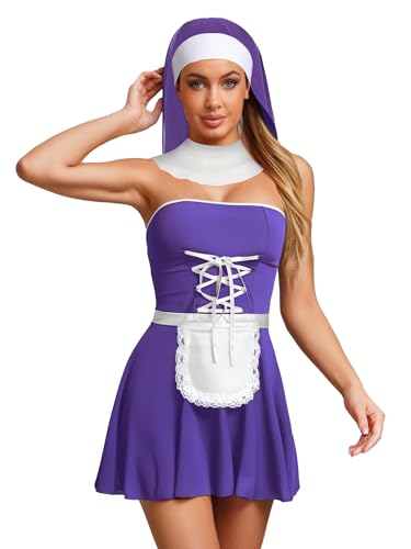 YiZYiF Damen Kostüm Dienstmädchen Kleid Schürze Maid Haube Halsband Und String Mottoparty Karneval Babydoll Negligee Violett L von YiZYiF