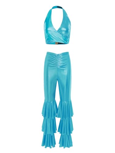 YiZYiF Damen Kostüm Disco 70er Jahre Outfit Glitzer Metallic Crop Tank Top Gerüschte Schlaghose Set Karnevalskostüme Party Clubwear Himmelblau S von YiZYiF