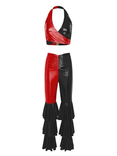 YiZYiF Damen Kostüm Disco 70er Jahre Outfit Glitzer Metallic Crop Tank Top Gerüschte Schlaghose Set Karnevalskostüme Party Clubwear Rot&Schwarz L von YiZYiF