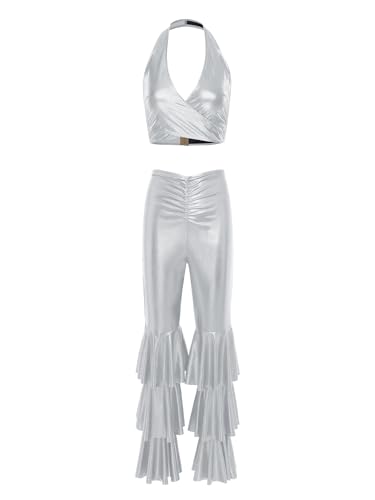 YiZYiF Damen Kostüm Disco 70er Jahre Outfit Glitzer Metallic Crop Tank Top Gerüschte Schlaghose Set Karnevalskostüme Party Clubwear Silber XL von YiZYiF