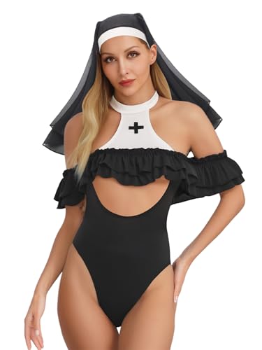 YiZYiF Damen Kostüm Nonne Haube Bodysuit Halloween Faschingskostüme Klosterfrau Kirche Rollenspiel Kleidung Schwarz L YiZYiF Damen Kostüm Nonne Haube Bodysuit Halloween Faschingskostüme Klosterfrau Kirche Rollenspiel Kleidung Schwarz L von YiZYiF