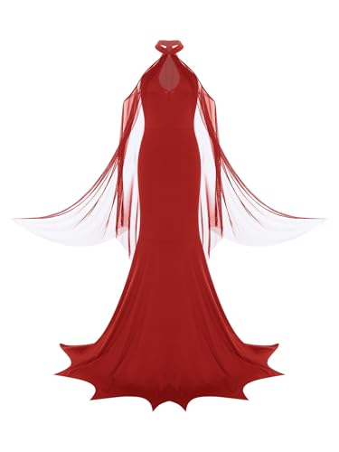 YiZYiF Damen Kostüm Teufel Kleid Maxi Halloween Faschingskostüme Hölle Mottoparty Cosplay Outfit Partykleid Rot M von YiZYiF