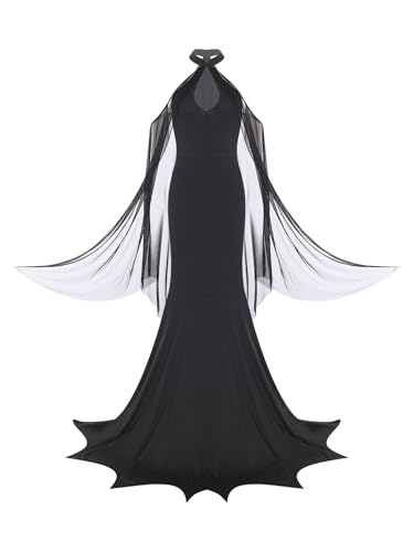 YiZYiF Damen Kostüm Teufel Kleid Maxi Halloween Faschingskostüme Hölle Mottoparty Cosplay Outfit Partykleid Schwarz L von YiZYiF