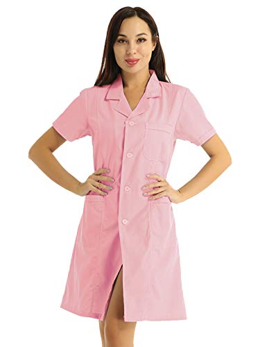 YiZYiF Damen Krankenschwester Kostüm Kleid Stehkragen Labor Ärztin Kittel Minikleid Nurse Cosplay Uniform Medizinische Berufsbekleidung Rosa Reverskragen Large von YiZYiF