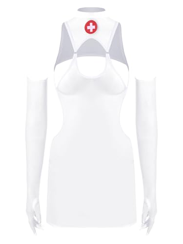 YiZYiF Damen Krankenschwester Kostüm Kleid Transparent Minikleid Handschuhe Set Halloween Faschnacht Arzthelferin Pflegeuniformen Weiß Einheitsgröße von YiZYiF
