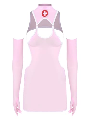 YiZYiF Damen Krankenschwester Kostüm Kleid Transparent Minikleid Handschuhe Set Halloween Faschnacht Arzthelferin Pflegeuniformen Weiß&Rosa Einheitsgröße von YiZYiF