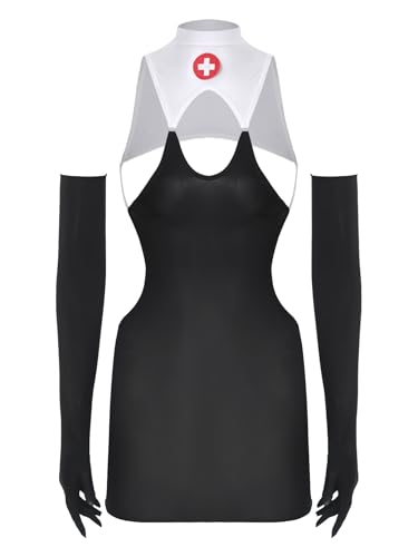 YiZYiF Damen Krankenschwester Kostüm Kleid Transparent Minikleid Handschuhe Set Halloween Faschnacht Arzthelferin Pflegeuniformen Weiß&Schwarz Einheitsgröße von YiZYiF