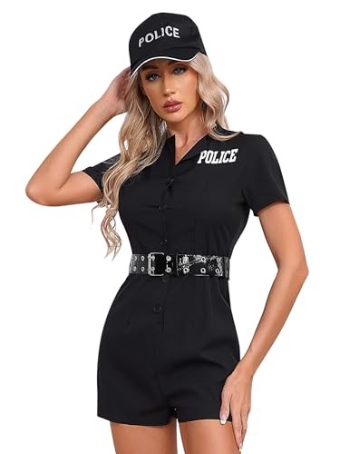 YiZYiF Damen Polizist Kostüm Polizeiuniform Cop Polizisten Kostüm Kleid mit Hut Gürtel Manschetten und Handschellen Cosplay Clubwear Schwarz M XL von YiZYiF