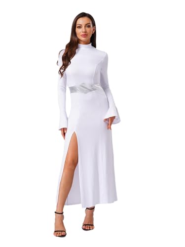 YiZYiF Damen Prinzessin Leia Kostüm Weißes Kleid Metallic Gürtel Halloween Kostüm Karneval Mottoparty Space Prinzessin Cosplay Weiß L von YiZYiF