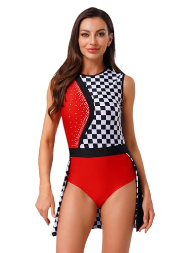 YiZYiF Damen Rennfahrer Kostüm Kariertes Bodysuit Kleid Halloween Karneval Kostüm Formel 1 Racer Girl Cosplay Uniform Rot M von YiZYiF