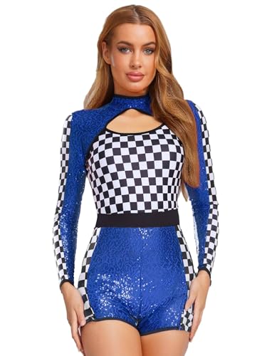 YiZYiF Damen Rennfahrer Kostüm Overall Halloween Karneval Kostüm Racer Girl Cosplay Outfit Karierter Pailletten Bodysuit Blau L YiZYiF Damen Rennfahrer Kostüm Overall Halloween Karneval Kostüm Racer Girl Cosplay Outfit Karierter Pailletten Bodysuit Blau L von YiZYiF