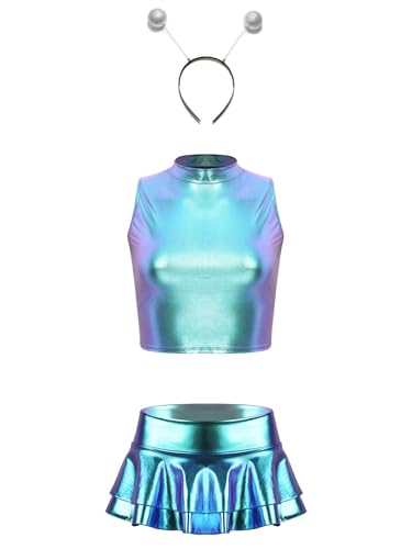 YiZYiF Damen Space Kostüm Alien Galaxy Kostüm Karneval Alien Haarreif Glänzend Metallischer Mini Rock Top Set Fasching Party Outfit Blau S von YiZYiF
