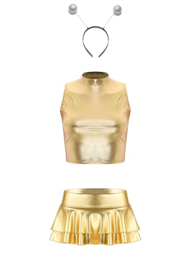 YiZYiF Damen Space Kostüm Alien Galaxy Kostüm Karneval Alien Haarreif Glänzend Metallischer Mini Rock Top Set Fasching Party Outfit Gold XXL von YiZYiF