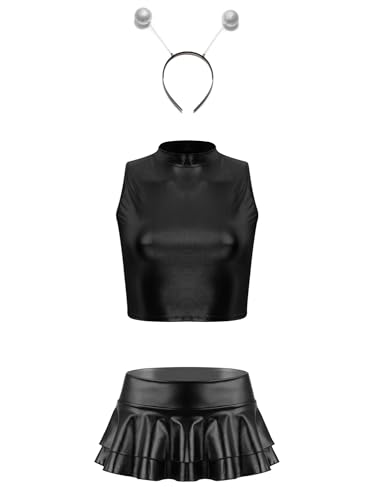 YiZYiF Damen Space Kostüm Alien Galaxy Kostüm Karneval Alien Haarreif Glänzend Metallischer Mini Rock Top Set Fasching Party Outfit Schwarz S von YiZYiF