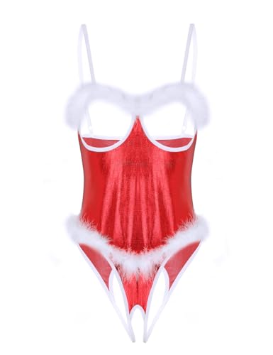 YiZYiF Damen Weihnachten Dessous Brustfreie Body Ouvert Stringbody Sexy Nikolaus Santa Claus Outfit Cosplay Nachtwäsche Rot_A L von YiZYiF