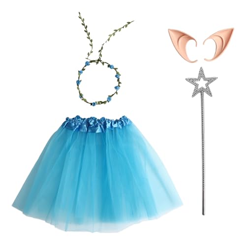 YiZYiF Elf Kostüm Set Tutu Rock Elfenohren Feen Blumenkranz Und Sternenstab Für Maskeradenparty Blau Einheitsgröße von YiZYiF