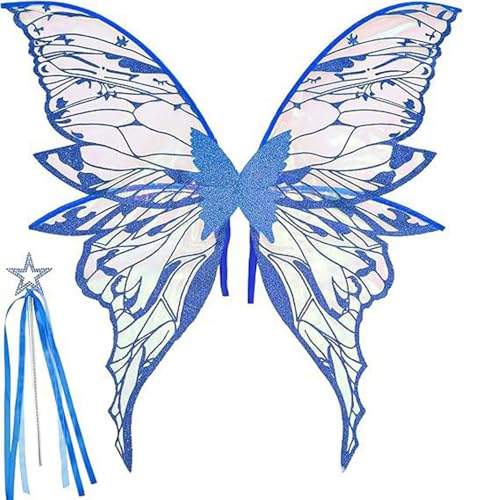 YiZYiF Feenflügel für Frauen, glitzernde Schmetterlingsflügel mit Feenstab und Aufkleber für Halloween-Kostümparty Blau 1 One Size YiZYiF Feenflügel für Frauen, glitzernde Schmetterlingsflügel mit Feenstab und Aufkleber für Halloween-Kostümparty Blau 1 One Size von YiZYiF