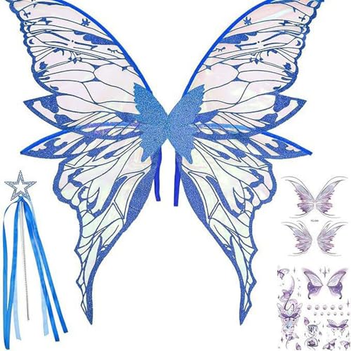 YiZYiF Feenflügel für Frauen, glitzernde Schmetterlingsflügel mit Feenstab und Aufkleber für Halloween-Kostümparty Blau 2 One Size YiZYiF Feenflügel für Frauen, glitzernde Schmetterlingsflügel mit Feenstab und Aufkleber für Halloween-Kostümparty Blau 2 One Size von YiZYiF