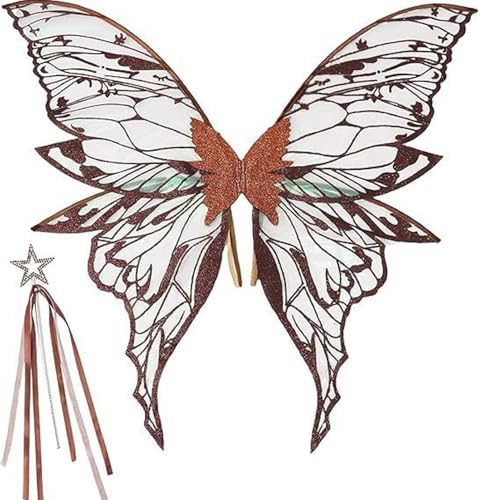 YiZYiF Feenflügel für Frauen, glitzernde Schmetterlingsflügel mit Feenstab und Aufkleber für Halloween-Kostümparty Braun 1 One Size YiZYiF Feenflügel für Frauen, glitzernde Schmetterlingsflügel mit Feenstab und Aufkleber für Halloween-Kostümparty Braun 1 One Size von YiZYiF