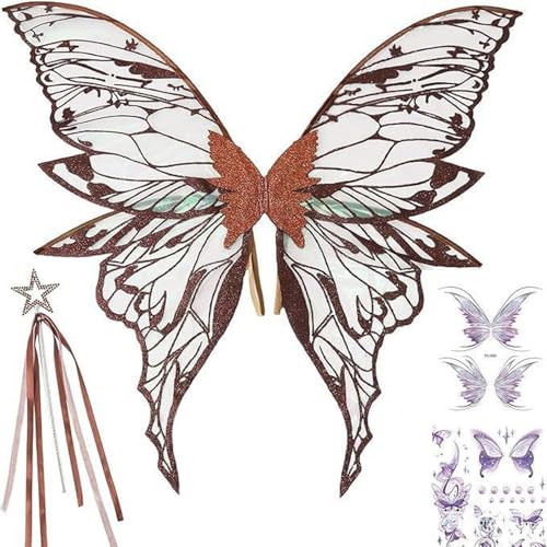 YiZYiF Feenflügel für Frauen, glitzernde Schmetterlingsflügel mit Feenstab und Aufkleber für Halloween-Kostümparty Braun 2 One Size YiZYiF Feenflügel für Frauen, glitzernde Schmetterlingsflügel mit Feenstab und Aufkleber für Halloween-Kostümparty Braun 2 One Size von YiZYiF