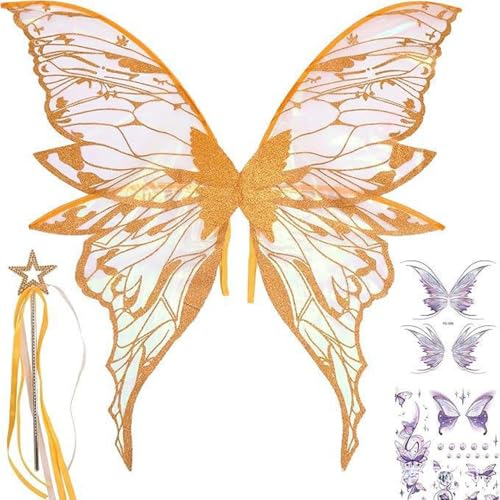 YiZYiF Feenflügel für Frauen, glitzernde Schmetterlingsflügel mit Feenstab und Aufkleber für Halloween-Kostümparty Gelb 2 One Size von YiZYiF