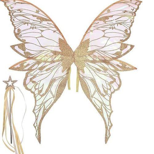 YiZYiF Feenflügel für Frauen, glitzernde Schmetterlingsflügel mit Feenstab und Aufkleber für Halloween-Kostümparty Gold 1 One Size YiZYiF Feenflügel für Frauen, glitzernde Schmetterlingsflügel mit Feenstab und Aufkleber für Halloween-Kostümparty Gold 1 One Size von YiZYiF