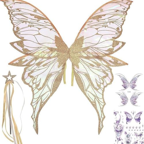 YiZYiF Feenflügel für Frauen, glitzernde Schmetterlingsflügel mit Feenstab und Aufkleber für Halloween-Kostümparty Gold 2 One Size YiZYiF Feenflügel für Frauen, glitzernde Schmetterlingsflügel mit Feenstab und Aufkleber für Halloween-Kostümparty Gold 2 One Size von YiZYiF