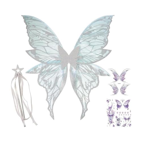 YiZYiF Feenflügel für Frauen, glitzernde Schmetterlingsflügel mit Feenstab und Aufkleber für Halloween-Kostümparty Hellblau 2 One Size YiZYiF Feenflügel für Frauen, glitzernde Schmetterlingsflügel mit Feenstab und Aufkleber für Halloween-Kostümparty Hellblau 2 One Size von YiZYiF