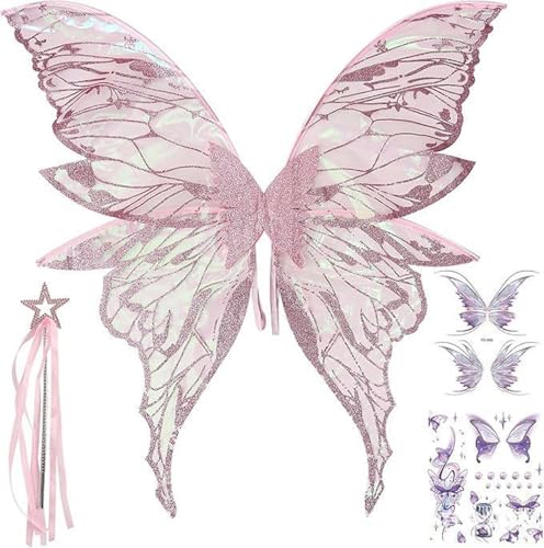 YiZYiF Feenflügel für Frauen, glitzernde Schmetterlingsflügel mit Feenstab und Aufkleber für Halloween-Kostümparty Rosa 2 One Size YiZYiF Feenflügel für Frauen, glitzernde Schmetterlingsflügel mit Feenstab und Aufkleber für Halloween-Kostümparty Rosa 2 One Size von YiZYiF