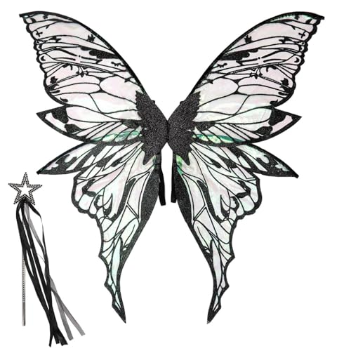 YiZYiF Feenflügel für Frauen, glitzernde Schmetterlingsflügel mit Feenstab und Aufkleber für Halloween-Kostümparty Schwarz 1 One Size von YiZYiF