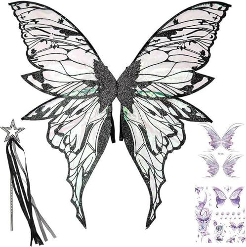 YiZYiF Feenflügel für Frauen, glitzernde Schmetterlingsflügel mit Feenstab und Aufkleber für Halloween-Kostümparty Schwarz 2 One Size YiZYiF Feenflügel für Frauen, glitzernde Schmetterlingsflügel mit Feenstab und Aufkleber für Halloween-Kostümparty Schwarz 2 One Size von YiZYiF