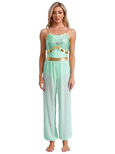 YiZYiF Frauen Arabische Prinzessin Kostüm Halloween Fasching Kostüm Erwachsene Araber Märchen Prinzessin Cosplay Glitzer Overall Blaugrün S von YiZYiF
