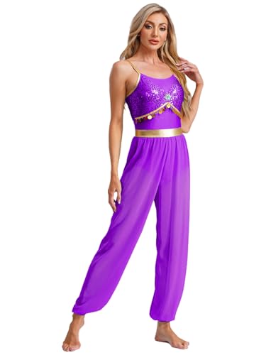 YiZYiF Frauen Arabische Prinzessin Kostüm Halloween Fasching Kostüm Erwachsene Araber Märchen Prinzessin Cosplay Glitzer Overall Violett 3XL von YiZYiF