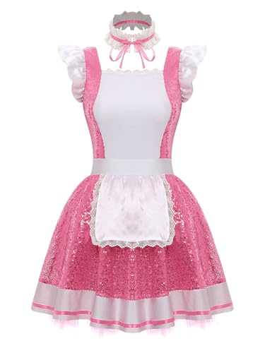 YiZYiF Frauenkostüm Dienstmädchen Anime French Maid Schürze Pailletten Tutu Kleid Halsband 3er Karneval Faschingskostüm Party Outfit Rosa XL YiZYiF Frauenkostüm Dienstmädchen Anime French Maid Schürze Pailletten Tutu Kleid Halsband 3er Karneval Faschingskostüm Party Outfit Rosa XL von YiZYiF
