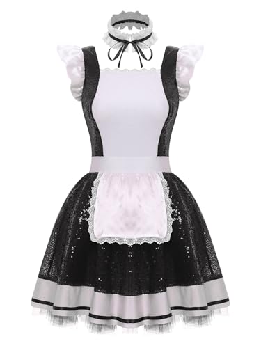 YiZYiF Frauenkostüm Dienstmädchen Anime French Maid Schürze Pailletten Tutu Kleid Halsband 3er Karneval Faschingskostüm Party Outfit Schwarz S YiZYiF Frauenkostüm Dienstmädchen Anime French Maid Schürze Pailletten Tutu Kleid Halsband 3er Karneval Faschingskostüm Party Outfit Schwarz S von YiZYiF