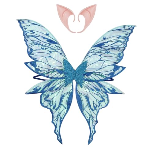 YiZYiF Glänzende Blume Fee Flügel Goldstempel Schmetterling Flügel mit Elf Ohren für Halloween Themed Party Blau One Size von YiZYiF