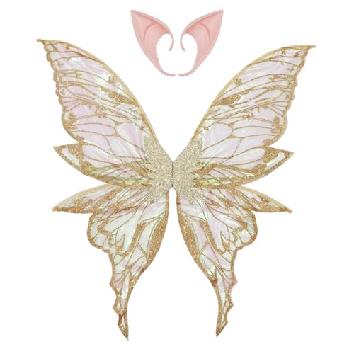 YiZYiF Glänzende Blume Fee Flügel Goldstempel Schmetterling Flügel mit Elf Ohren für Halloween Themed Party Sekt One Size von YiZYiF